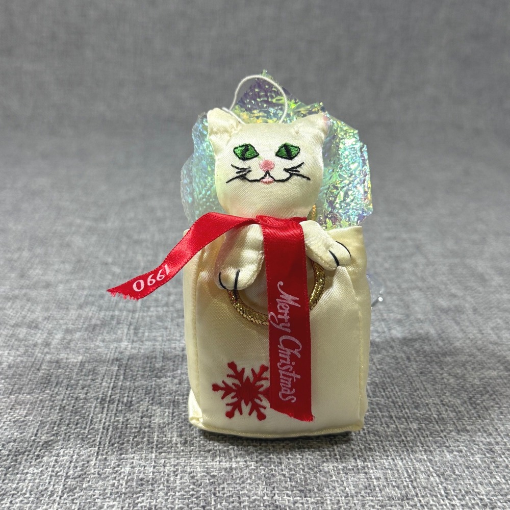 VTG 1990 Russ Cat Fancy Feast Plush Christmas Ornament Kitsch Iridescent Holiday
